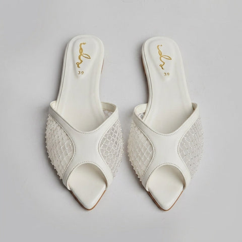 Rhinestone Net Mule - White