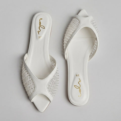 Rhinestone Net Mule - White