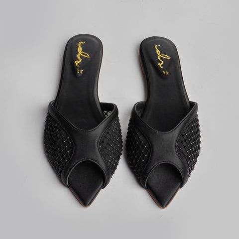 Rhinestone Net Mule - Black