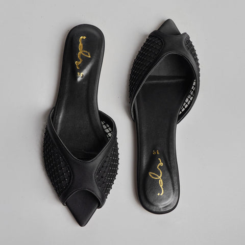 Rhinestone Net Mule - Black