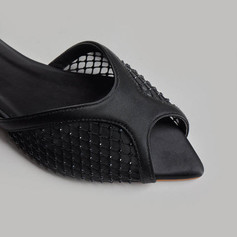 Rhinestone Net Mule - Black