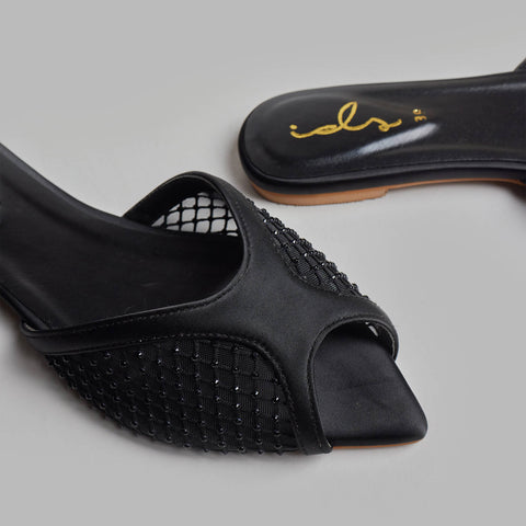 Rhinestone Net Mule - Black