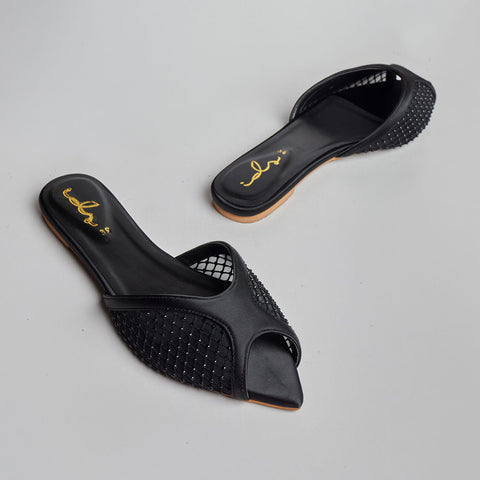 Rhinestone Net Mule - Black