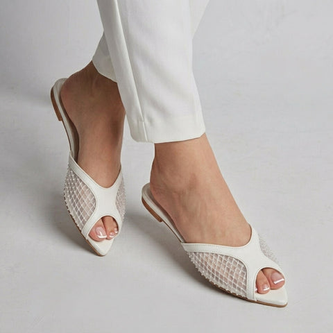 Rhinestone Net Mule - White