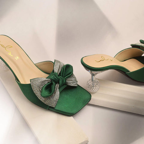 Satin Bow Decore Transparent Heel - Green