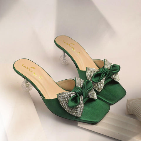 Satin Bow Decore Transparent Heel - Green